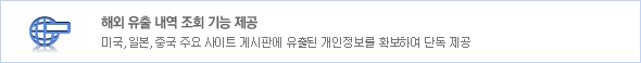 해외 유출 내역 조회 기능 제공. 미국, 일본, 중국, 주요 사이트 게시판에 유출된 개인정보를 확보하여 단독 제공