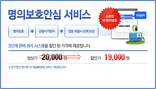 명의보호안심 서비스, 국내최초 정보유출 피해보상, 명의보호 + 금융사기방지+ 정보유출시 손해보상, 3단계 완벽관리 시스템을 할인된 가격에 제공합니다. 정상가 20000원 > 할인가 19000원, 만기연장하시면 년 16000원에 서비스 제공합니다.알립니다! 크레딧뱅크를 통한 본인신용정보조회는 신용등급에 아무런 영향을 미치지 않습니다.