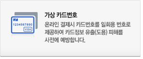 가상 카드번호 : 온라인 결제시 카드번호를 일회용 번호로 제공하여 카드번호 유출(도용) 피해를 사전에 예방합니다.
