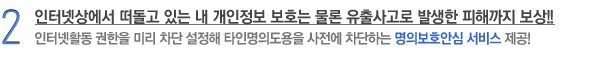 2. 인터넷상에서 떠돌고 있는 내 개인정보 보호는 물론 유출사고로 발생한 피해까지 보상!! 인터넷활동 권한을 미리 차단 설정해 타인명의도용을 사전에 차단하는 명의보호안심 서비스 제공!
