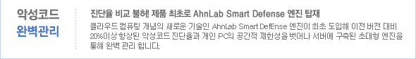 악성코드 완벽관리. 진단율 비교불허! 제품최초로 AhnLab Smart Defense 엔진 탑재-클라우드 컴퓨팅 개념의 새로운 기술인 AhnLab Smart Defense엔진이 최초 도입해 이전 버전 대비 20% 이상 향상된 악성코드 진단율과 개인 PC의 공간적 제한성을 벗어나 서버에 구축된 초대형 엔진을 통해 완벽 관리 합니다.