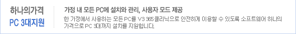하나의 가격 PC 3대지원. 가정 내 모든 PC에 설치와 관리, 사용자 모드 제공-한 가정에서 사용하는 모든 PCfmf v3 365클리닉으로 안전하게 이용할 수 있도록 소프트웨어 하나의 가격으로 PC3대까지 설치를 지원합니다.