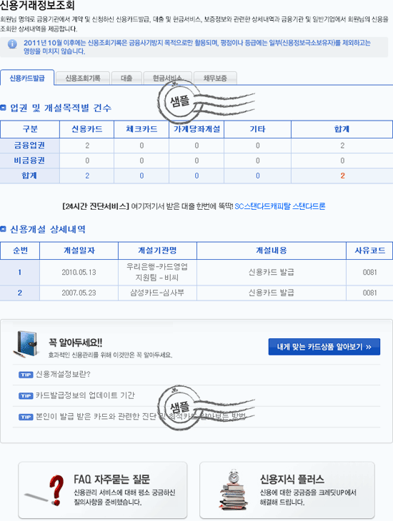 신용거래정보조회는 신용카드발급, 신용조회기록, 대출, 현금서비스, 채무보증에 대해 제공한다. 신용카드발급은 업권 및 개설목적별 건수와 신용개설 상세내역을 알려준다. 업권 및 개설목적별 건수는 금융권, 비금융권의 신용카드, 체크카드, 가계당좌개설에 대해 알려준다. 신용개설 상세내역은 개설일자와 개설기관명, 개설내용에 대해 알려준다. 