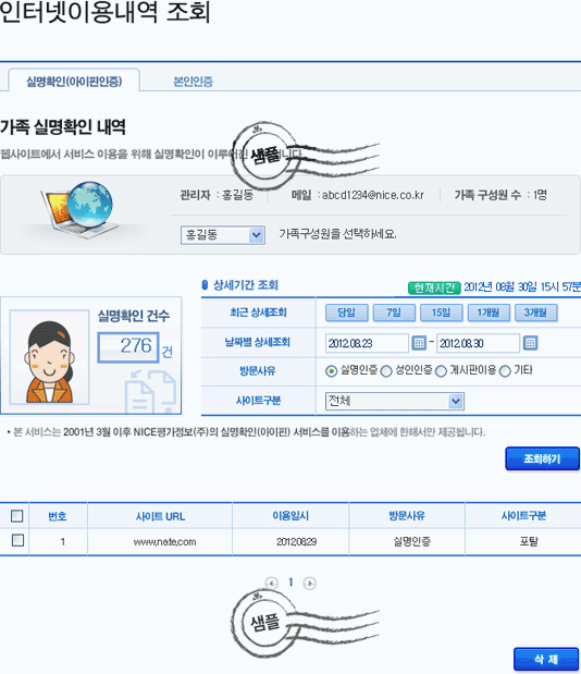 인터넷이용내역 조회는 실명확인(아이핀인증)과 본인인증을 제공한다. 실명확인(아이핀인증)은 가족 실명확인 내역에 대해 알려준다.